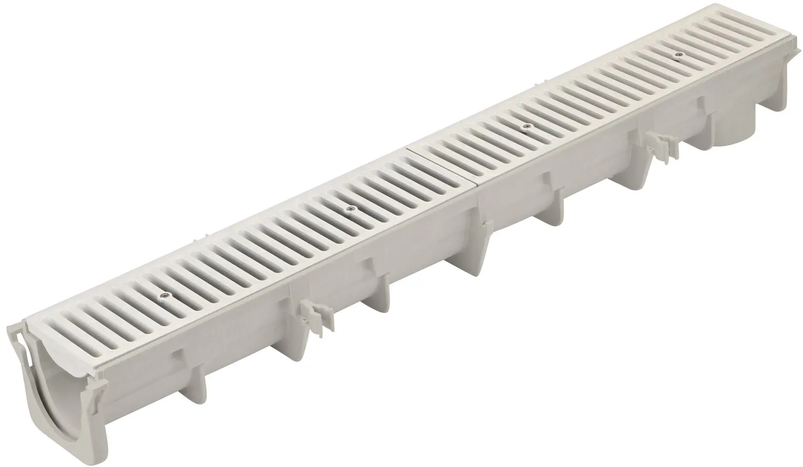 The NDS 3.99 in. Deep Neutral Dura Slope Channel (NDS DS-090N) with the Standard Dura Slope Light Gray Grate installed (NDS 661LG)