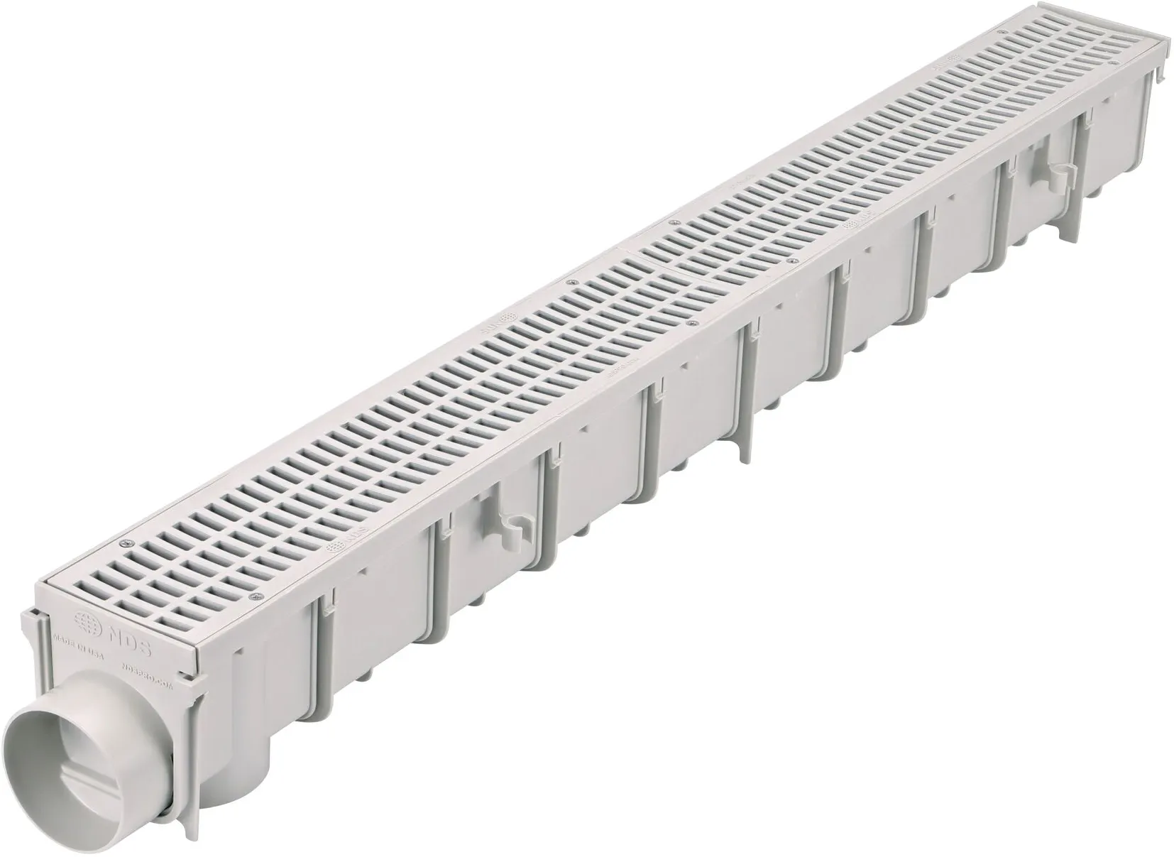 Bottom view of NDS  5 in. Pro Series Channel Drain featuring side ribs, stabilizing ribs, and built-in saw guide (NDS 864G*, NDS M864G, NDS 864GMTLRTL, NDS 864, NDS 800)