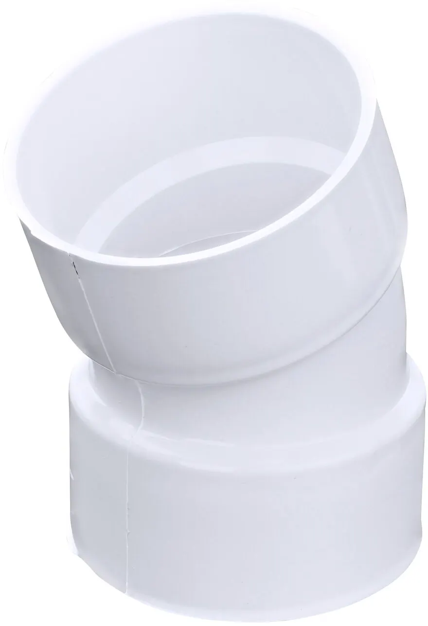 The PVC 22.5° elbow, connects 3 in. Sewer and Drain pipes, Hub X Hub connection (NDS 3P04)
