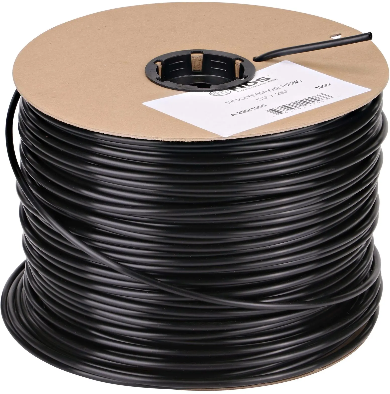 1/4 in. Black Poly Distribution Tubing, in lengths from 1000 feet to 2500 feet, is secured to cardboard spool for easy storage and handling