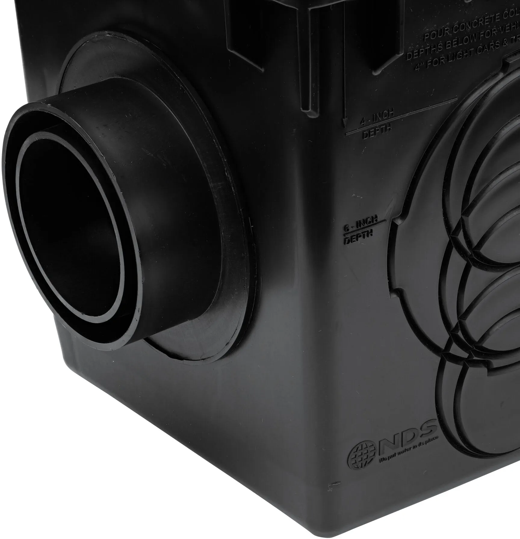 The NDS Outlet Adapter with Internal Spigot for adjustable invert height (NDS 1242) installed on a 12 in. Catch Basin Drain (NDS 1200)
