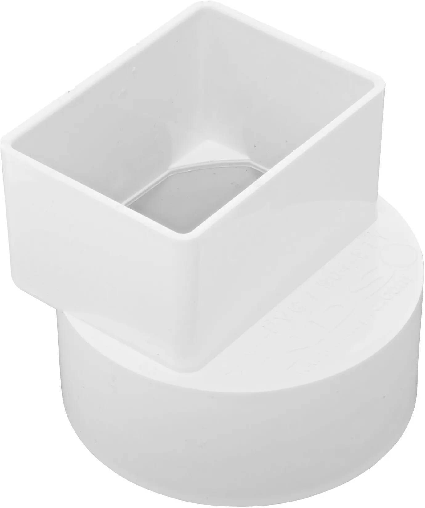 PVC downspout adapter, connects 2X3 in. Downspout to 4 in. S&D Hub (NDS 9P04), the offset design allows for proper alignment of drainage pipe beneath a downspout fastened directly against the building wall