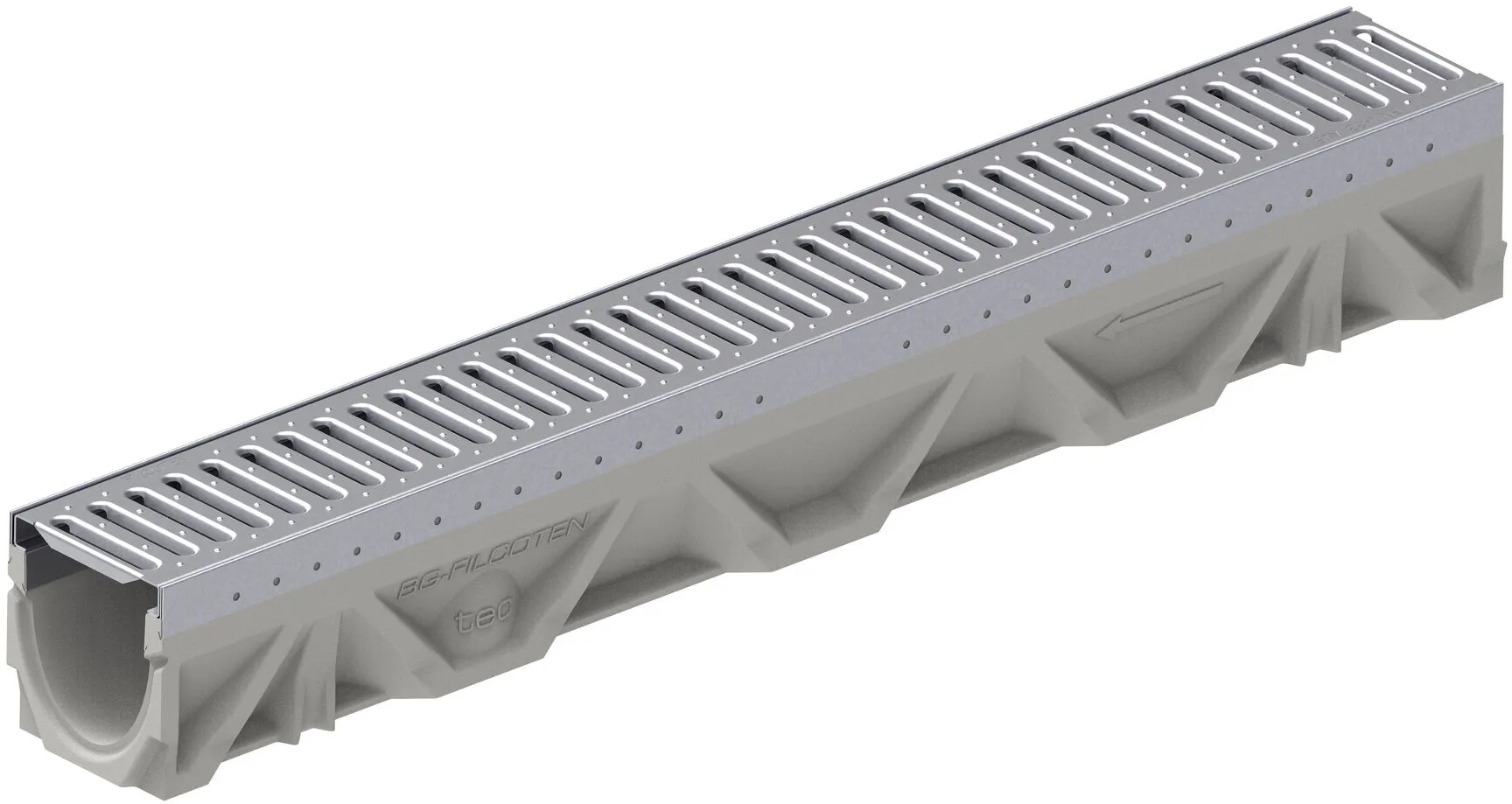 The BG-FILCOTEN® by NDS® tec V or E 100 Trench Channel Drain with a one 1 miter metal grate with slotted design installed (NDS 10410200, NDS 17010206)