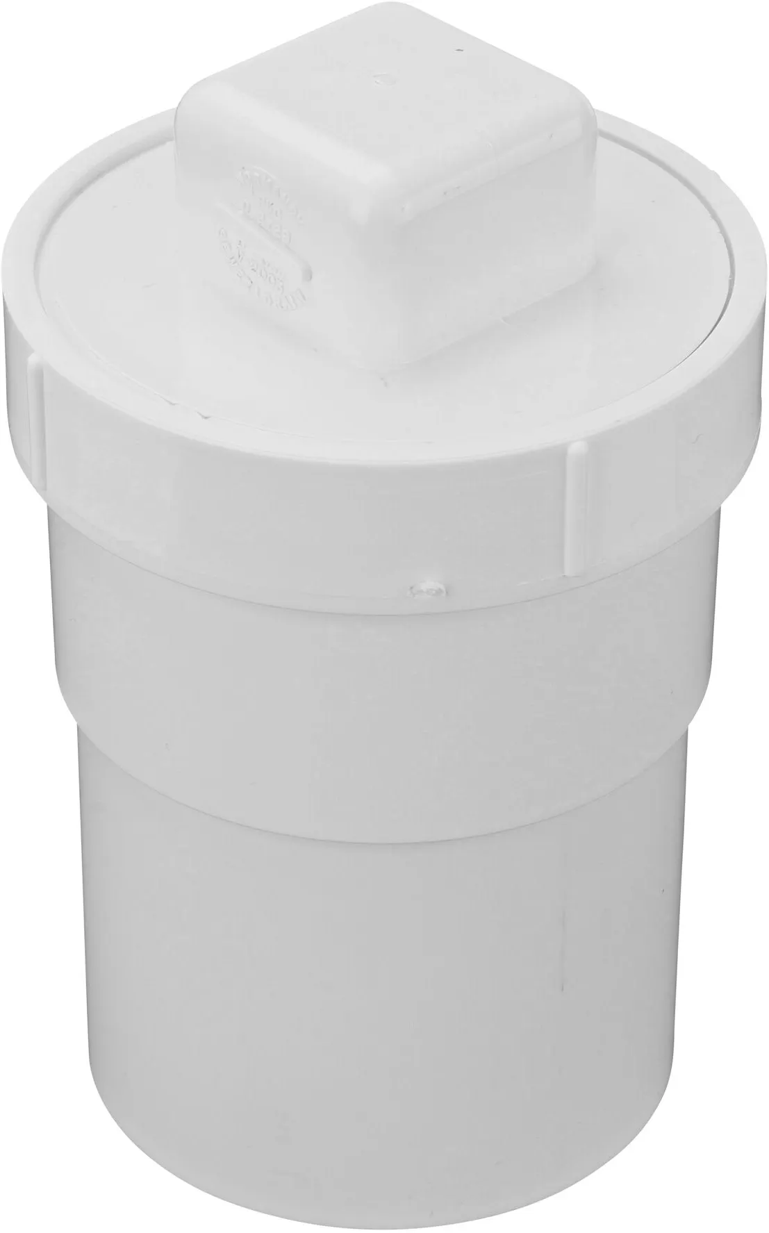 The NDS 3 inch PVC female cleanout adapter (NDS 3P11) with a 3 inch sewer and drain pipe on bottom and the NDS 3 in. PVC S&D MPT Cleanout Plug on top