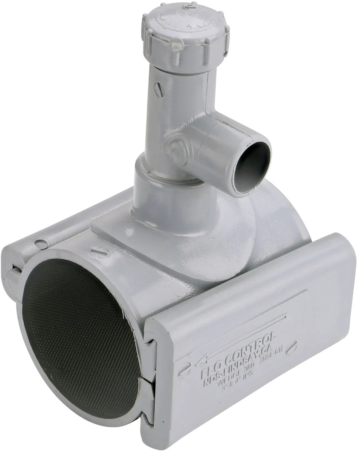 The 3 in. NDS Flo-Tap™ Rigid PVC Saddle with 3/4 in. socket or 1 in. spigot connection on top (NDS 3130) has a patented wedge design to add a branch connection to existing pipe without any bolts
