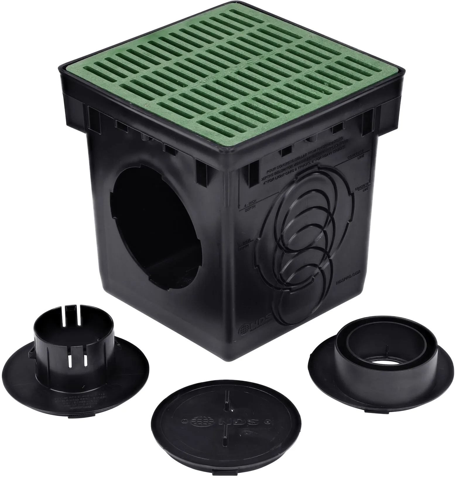 The unassembled NDS 12 in. Catch Basin Drain Kit with green grate (NDS 1200GRKIT) includes two adapters for both outlets