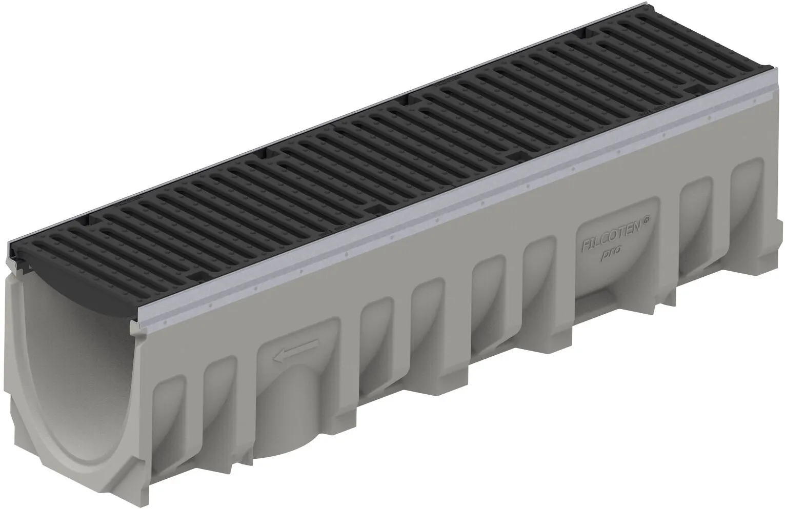 The class E load ductile iron bar design BG-FILCOTEN® 200 Trench Drain Grate (NDS 17020105) installed on the Filcoten 200 Trench Drain with female end showing