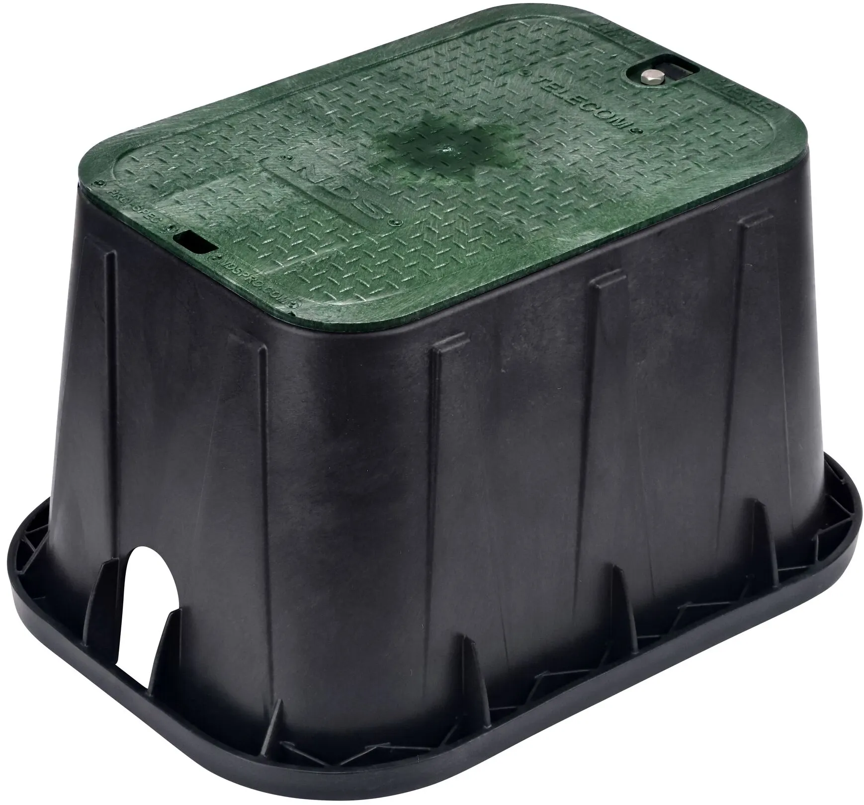 The NDS 14 in. X 19 in. Rectangular Pro-Spec Series Valve Box and Bolt-down Cover is a Black Box and Green Cover with telecom markings on the lid; protects and conceals components and includes one bolt to secure cover to box (NDS 313BCBT)