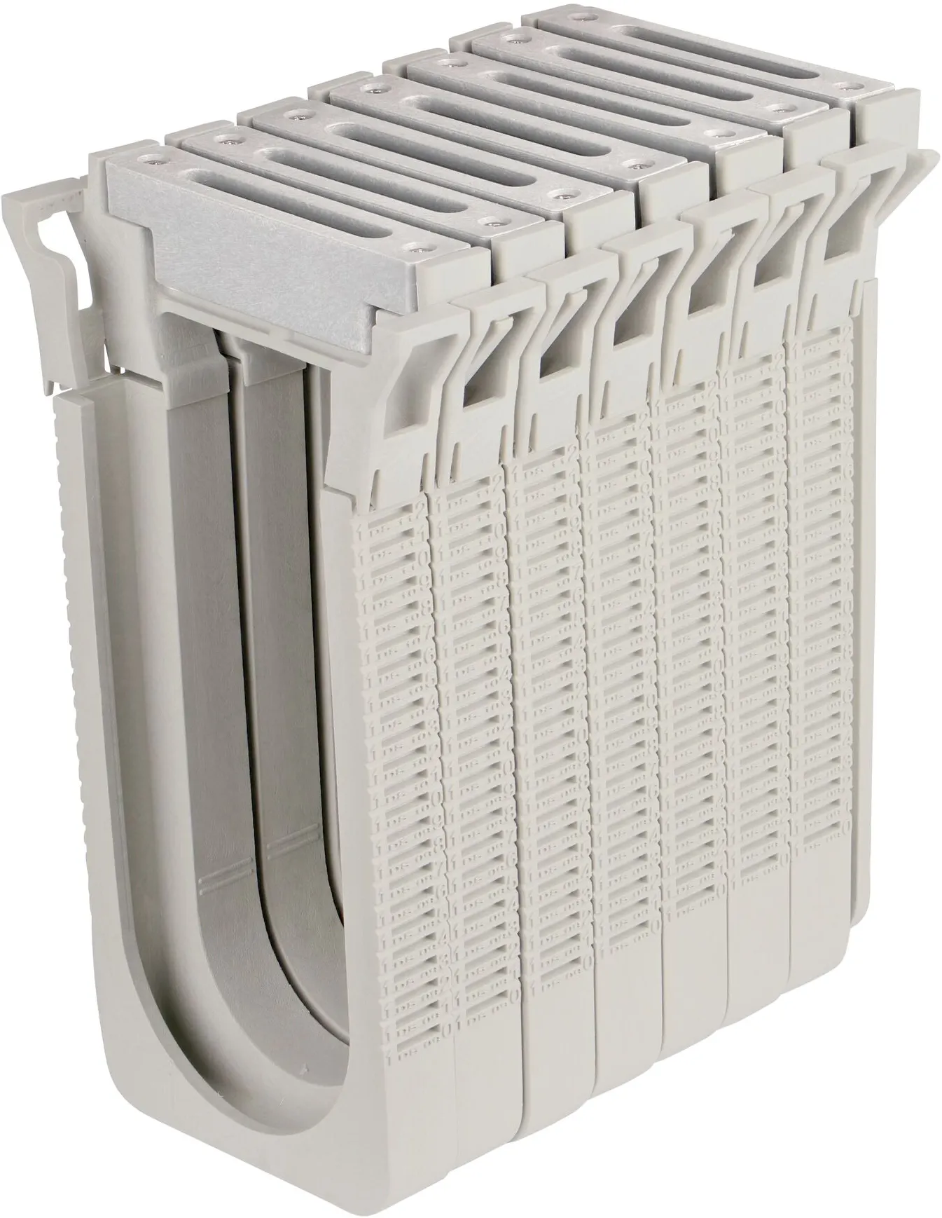 Seven Dark Gray Slotted Plastic Dura Slope™ Channel Drain EZ-Track™ Radius Coupling Grates (NDS DS-661MG) installed on seven Dura Slope EZ-Track Radius Couplings (NDS DSRC) with no bend
