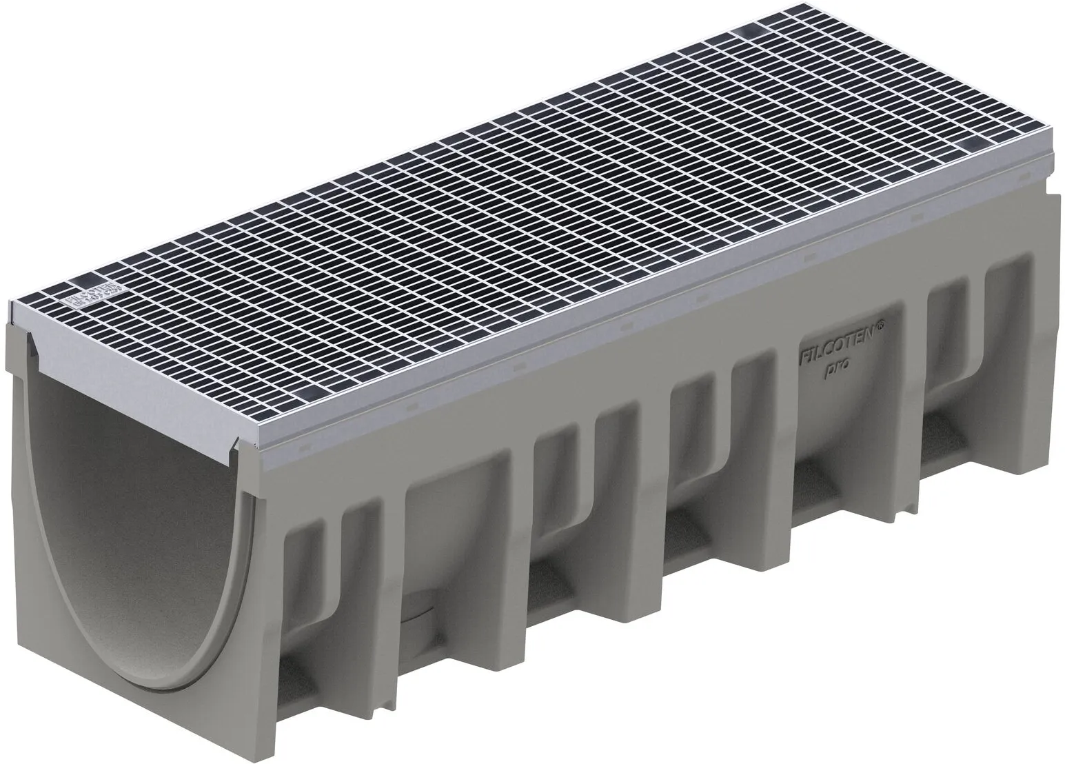 The BG-FILCOTEN® by NDS® pro V 300 Trench Channel Drain with Galvanized Steel Rails with a one 1 miter galvanized steel grate with mesh design installed (NDS 10630200, NDS 17030222)