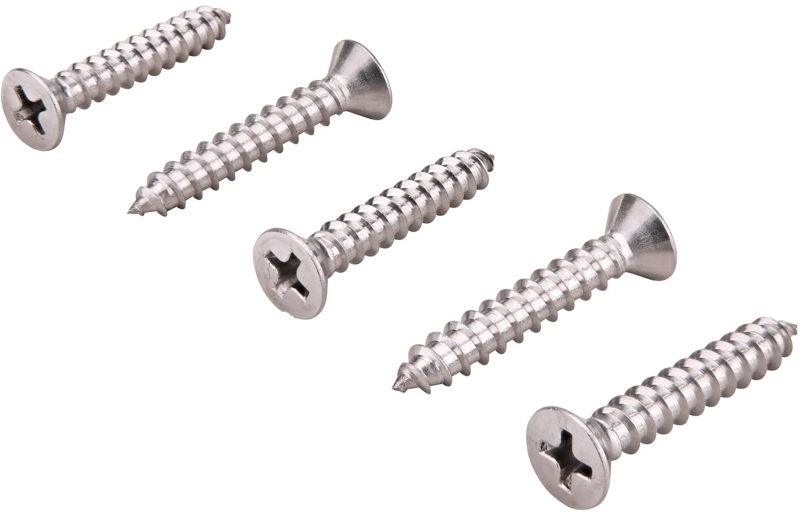 View of multiple Phillips Flat Head screws in alternating tip to head positions to show both ends (NDS 229)