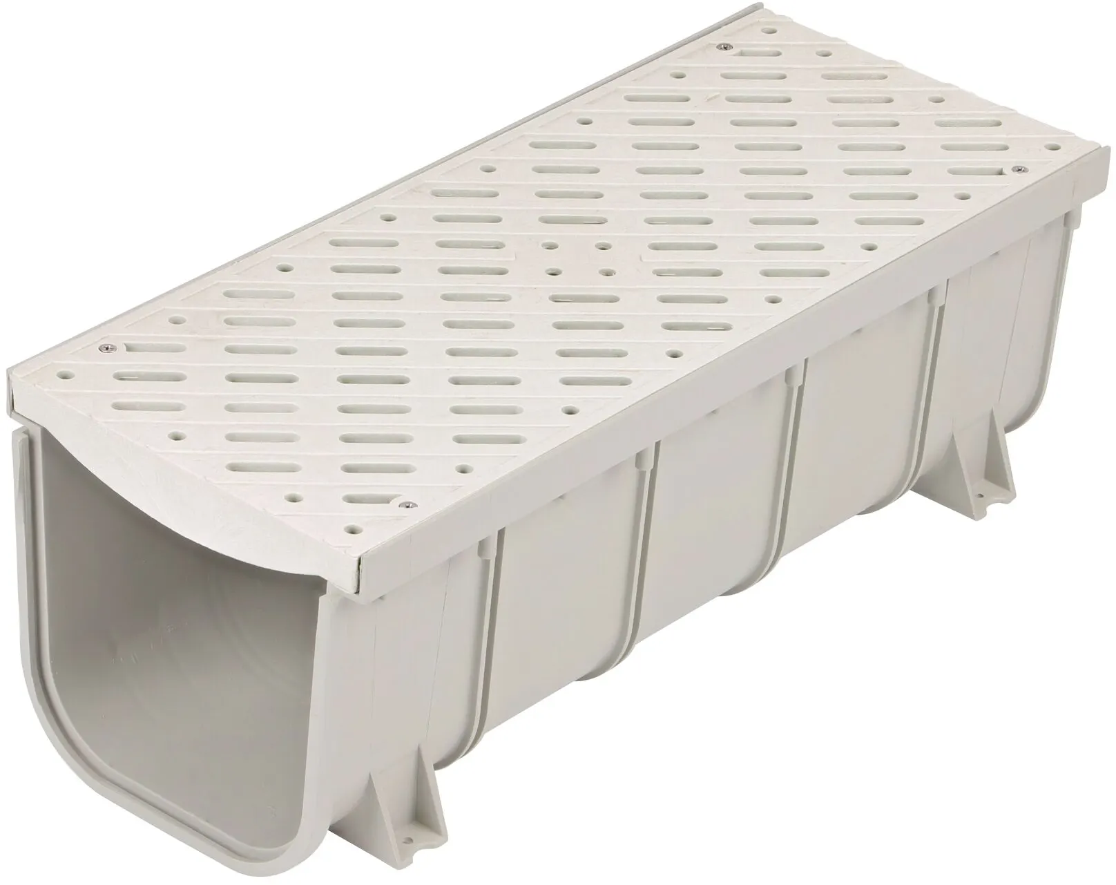 One 8 in. Pro Series Pedestrian Channel Drain Grate (NDS 836) made of Light Gray Plastic fits on one 8 in. Pro Series Channel Drain, Deep Profile (NDS 830)