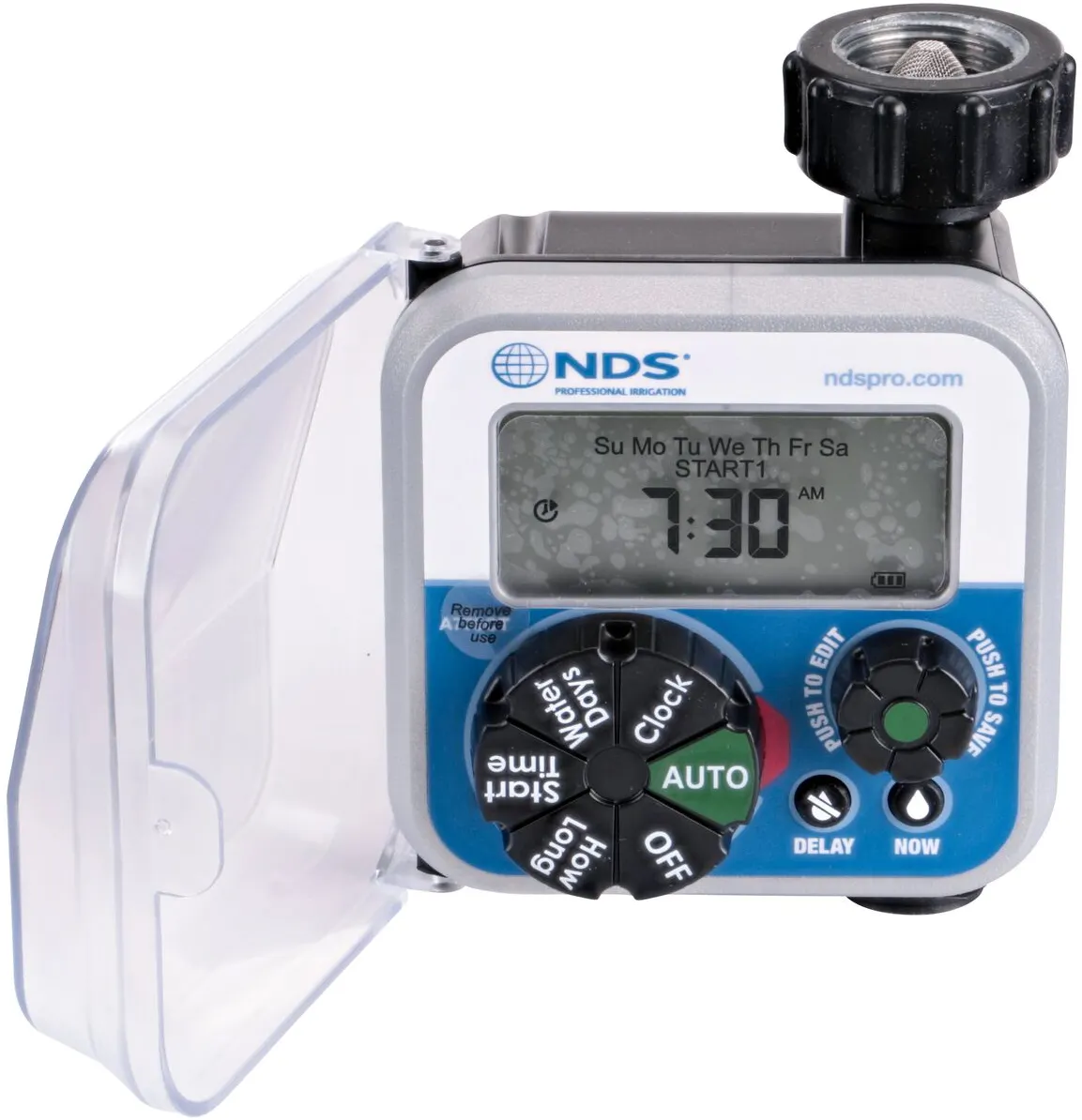 The NDS Digital Automatic Water Timer automates your drip irrigation watering schedule (NDS A775CT) and is easy to read both day and night